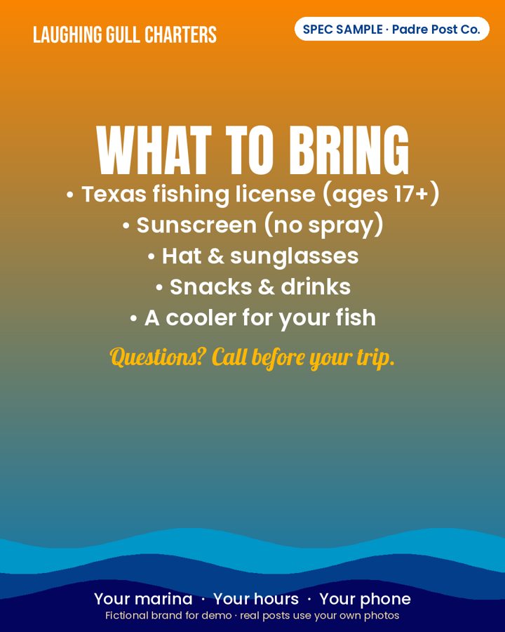 Spec sample post for a fictional Padre Island fishing charter: what to bring checklist graphic