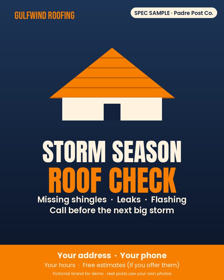 Spec sample post for a fictional roofing contractor: storm season roof check graphic
