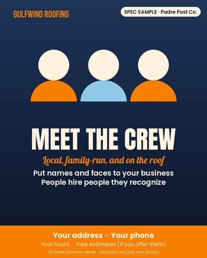 Spec sample post for a fictional roofing contractor: meet the crew graphic