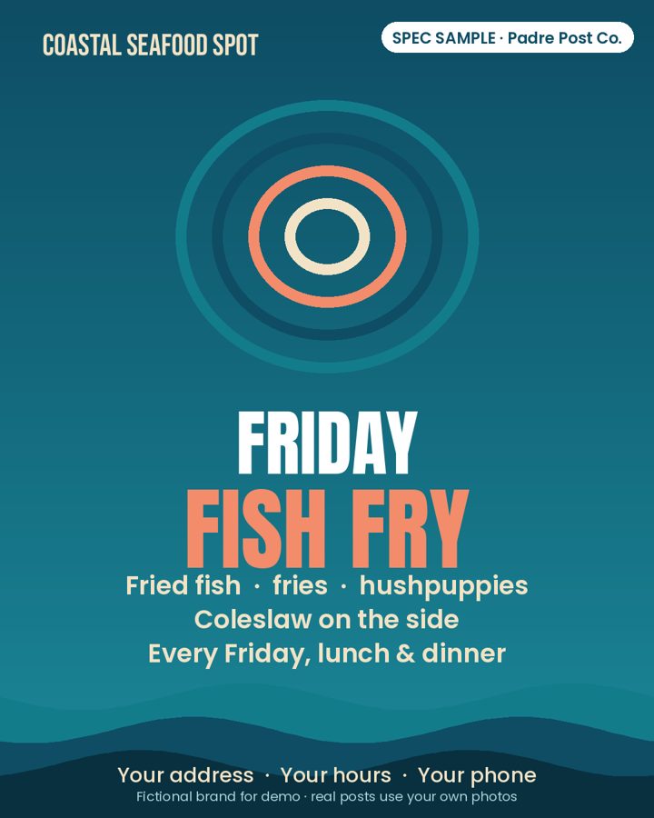Spec sample post for a fictional seafood restaurant: Friday fish fry graphic