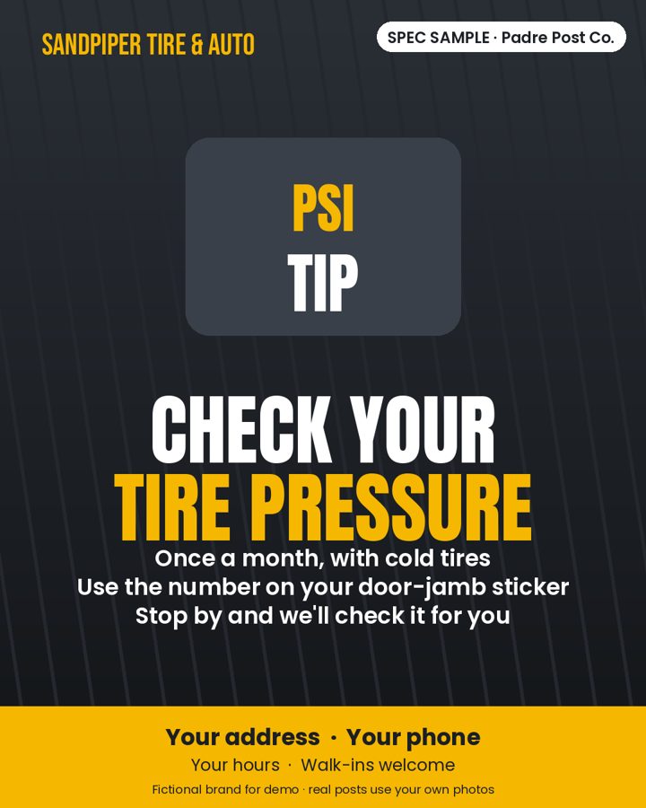 Spec sample post for a fictional tire and auto shop: tire pressure tip graphic